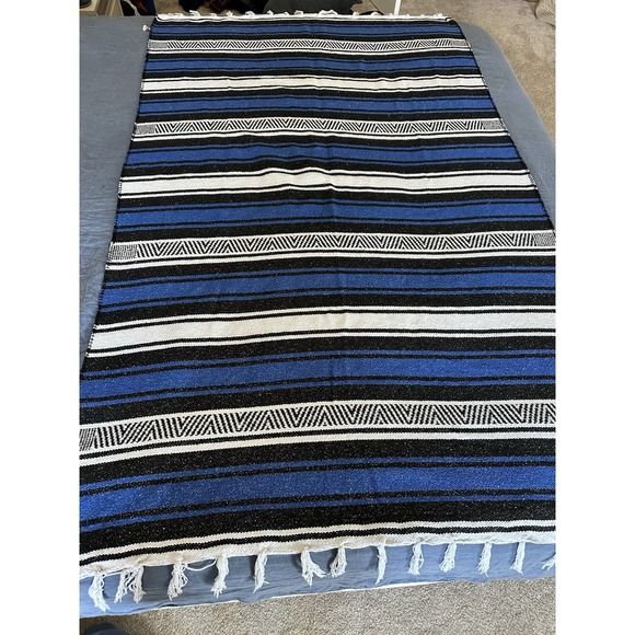 Mexican Serape Sarape Fringed Blanket Throw Bedspread Blue White Stripe‎ 75"x46" - Picture 1 of 8